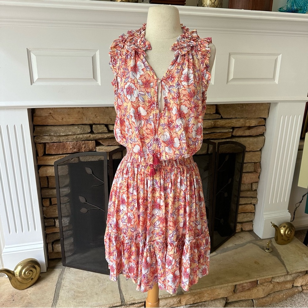 Poupette St Barth Triny V Mini Dress large yellow Dalia coral colors